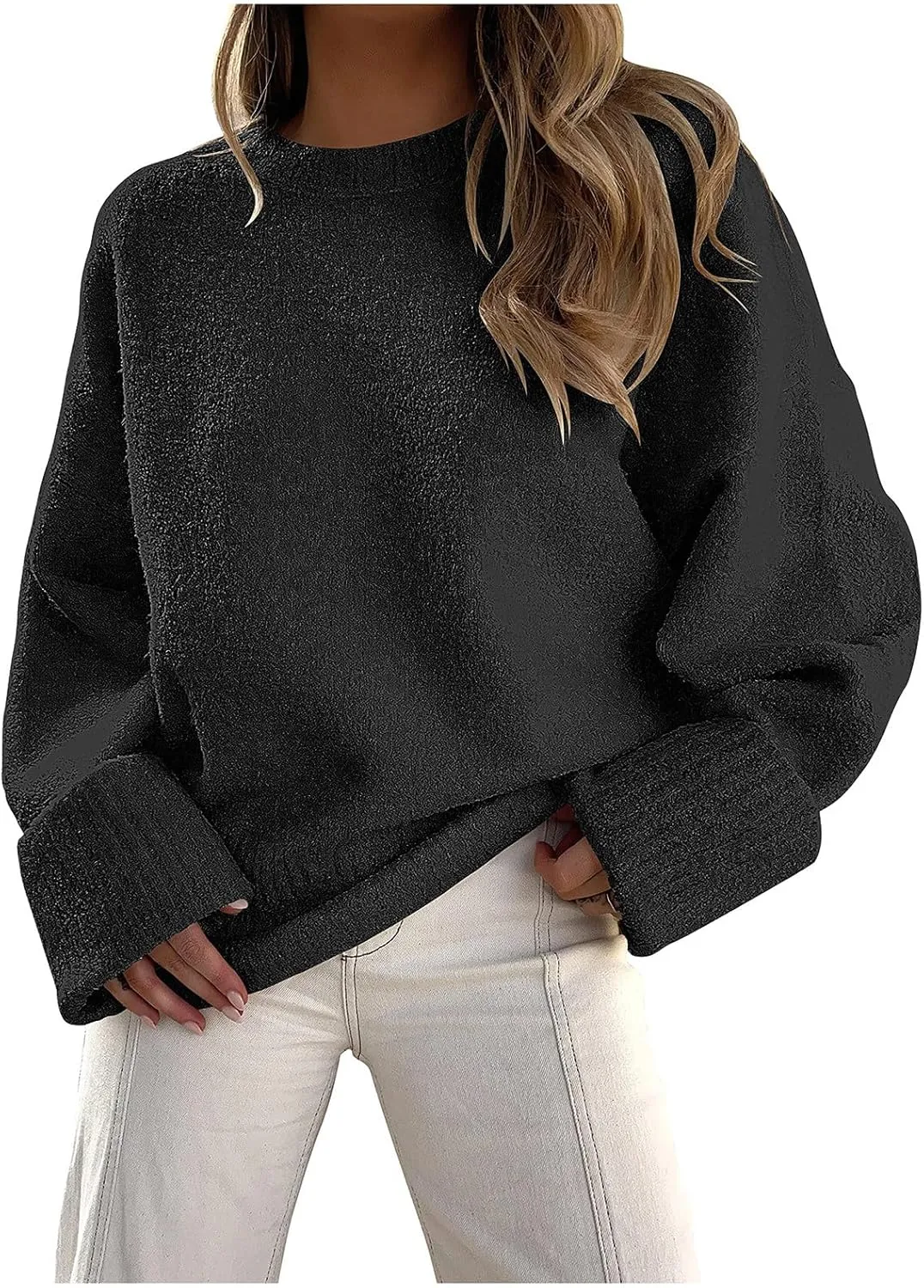 Sweater for Women Chunky Knit Crew Neck Solid Color Long Sleeve Casual Loose Fit Soft Sweaters Tops