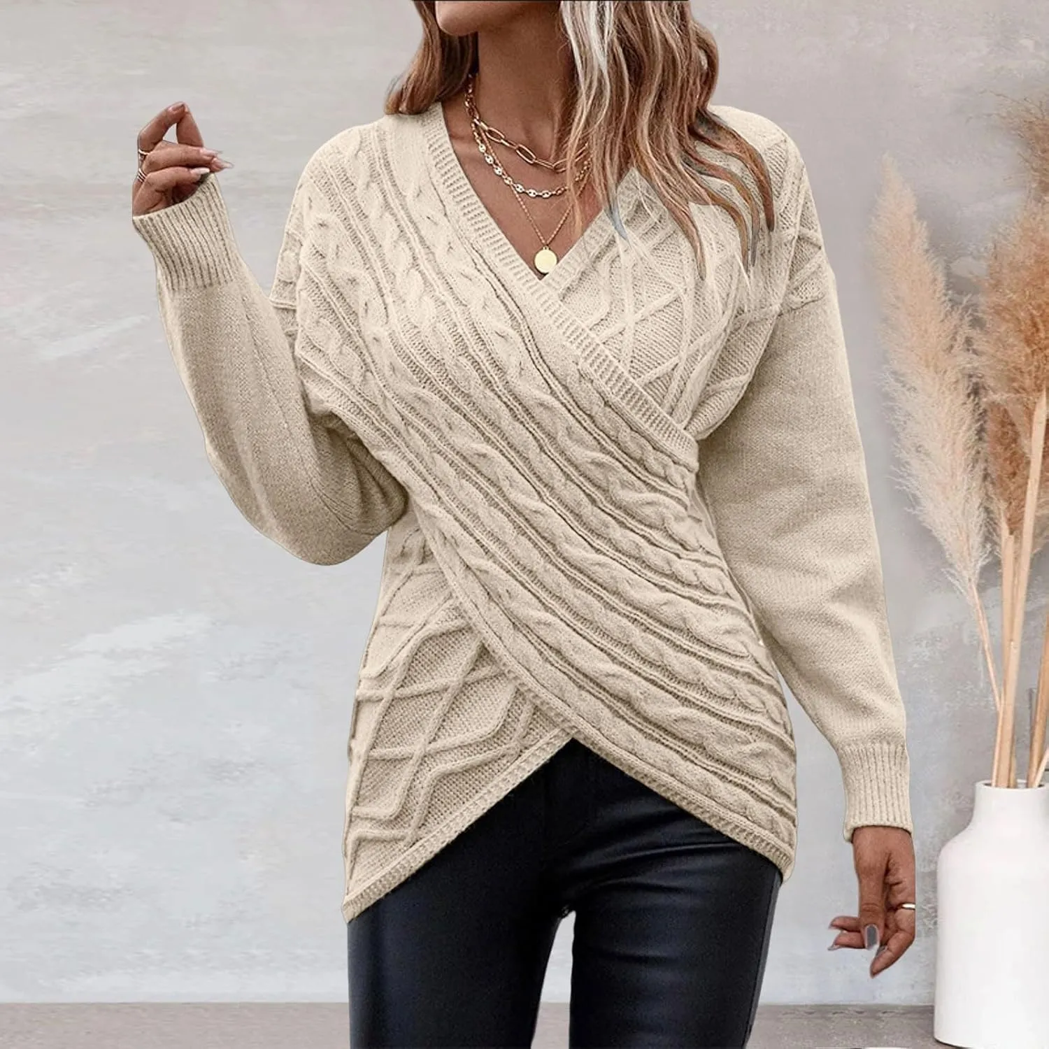 Sweater for Women Chunky Knit Solid Color V Neck Long Sleeve Soft Lightweight Casual Pullover Tops