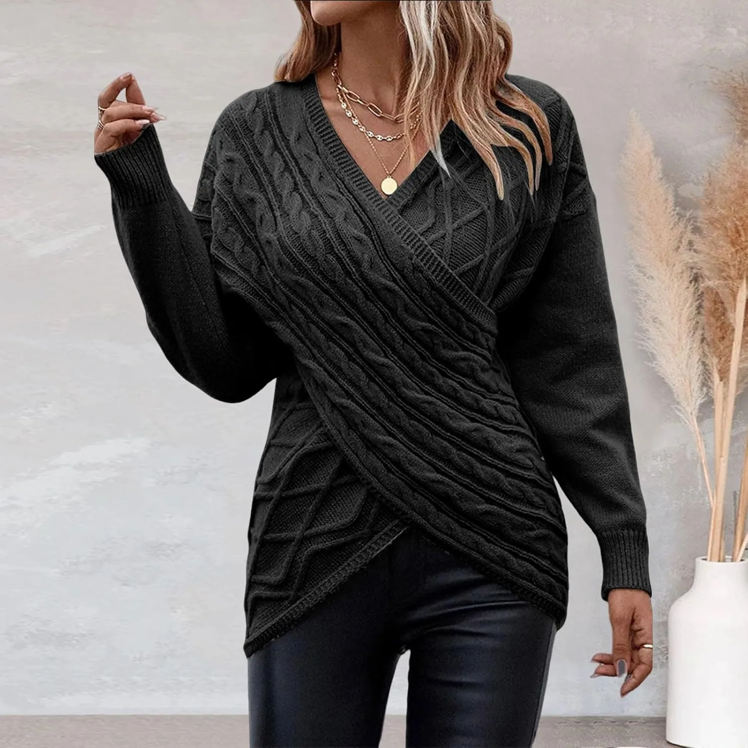 Sweater for Women Chunky Knit Solid Color V Neck Long Sleeve Soft Lightweight Casual Pullover Tops