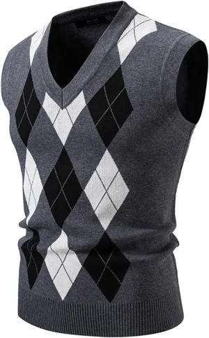Sweater Vests for Men Argyle Knitted Warm Sleeveless Jumper Knitwear V Neck Slim Fit Casual Plus Size Waistcoat
