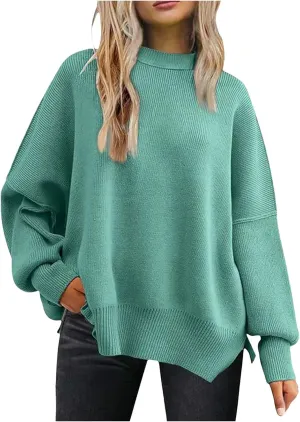 Sweaters for Women Chunky Knit Round Neck Solid Color Long Sleeve Loose Fit Casual Soft Sweaters Tops