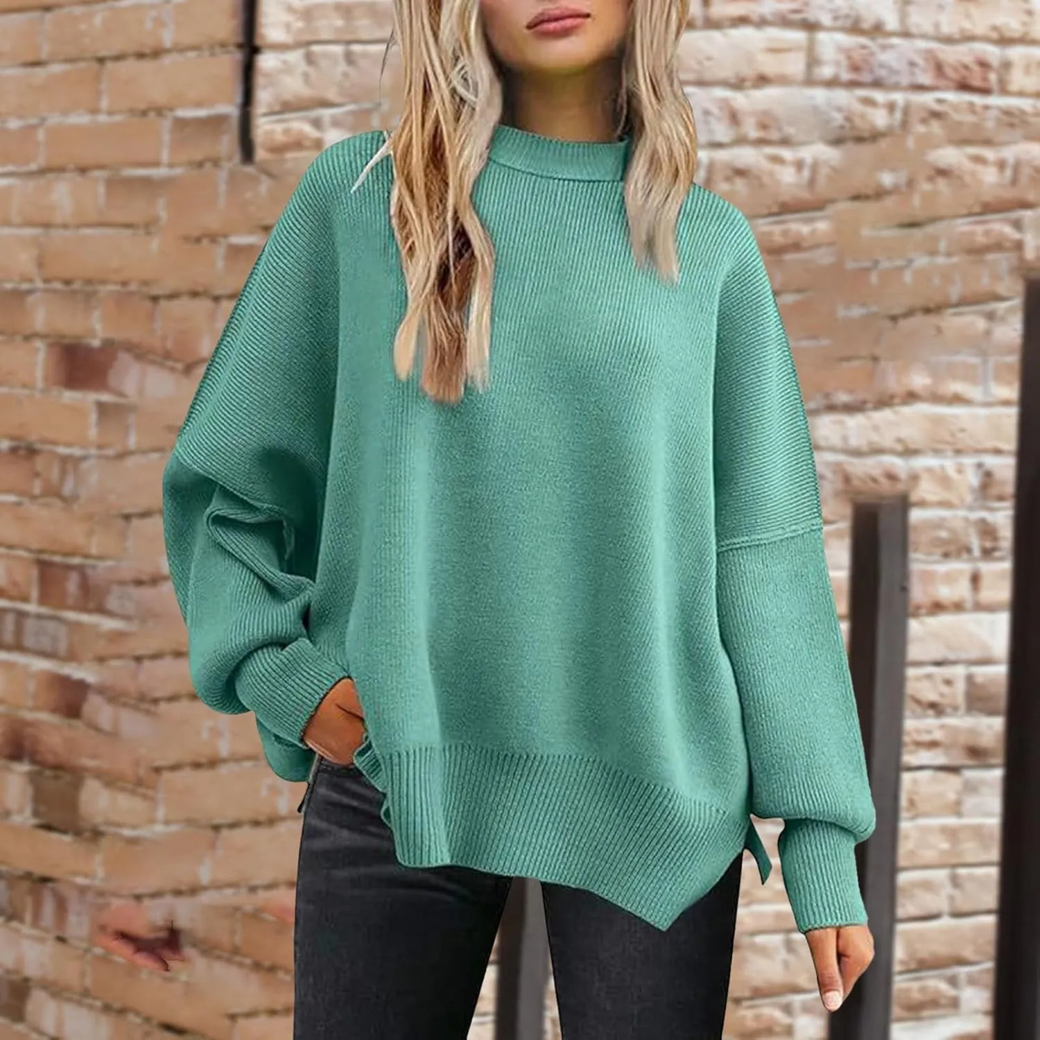 Sweaters for Women Chunky Knit Round Neck Solid Color Long Sleeve Loose Fit Casual Soft Sweaters Tops