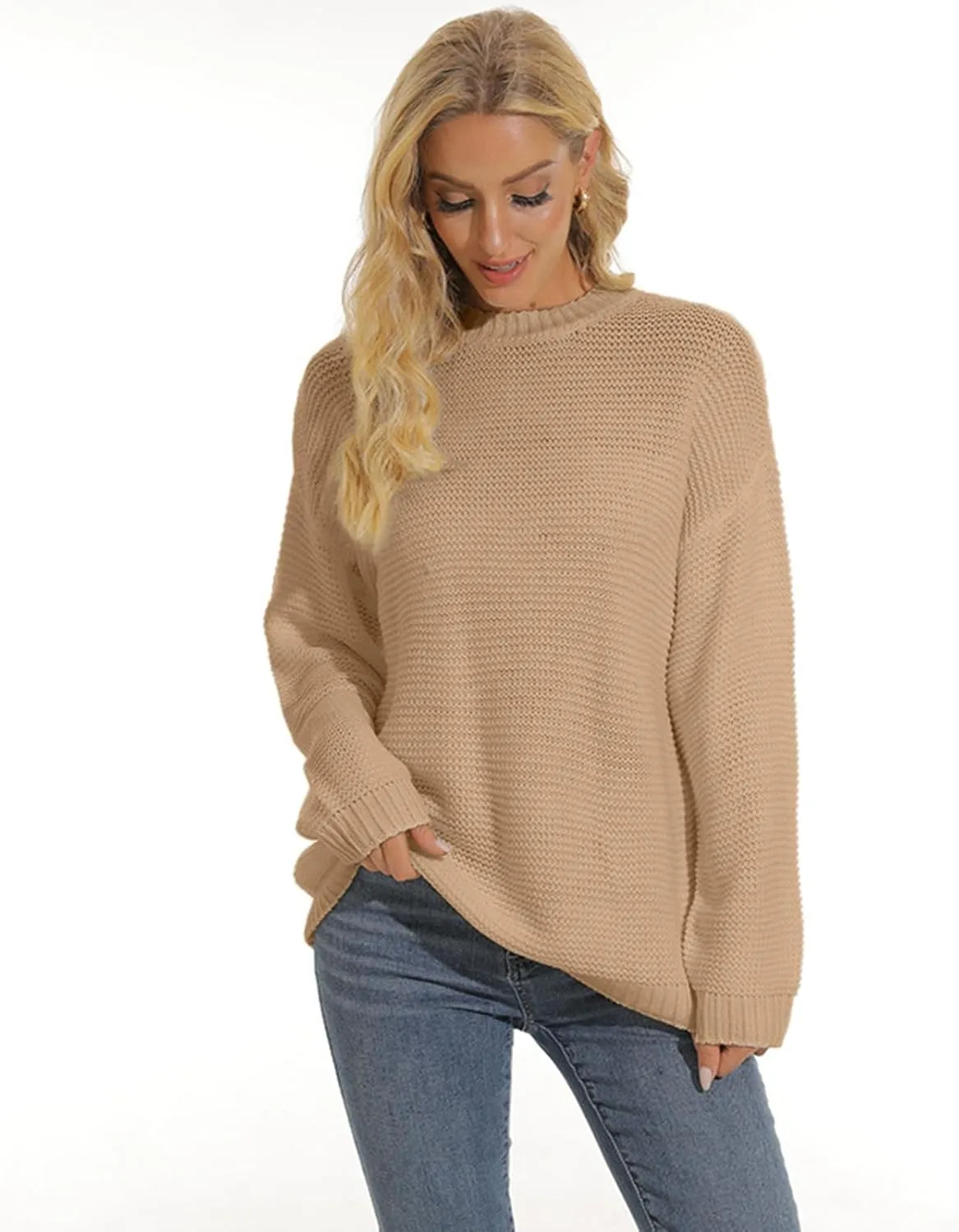 Sweaters for Women Chunky Knit Solid Color Crew Neck Long Sleeve Soft Lightweight Casual Jumper Tops