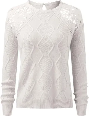Sweaters for Women Trendy Chunky Lace Knit Solid Color Crew Neck Long Sleeve Casual Loose Fit Soft Pullover Tops