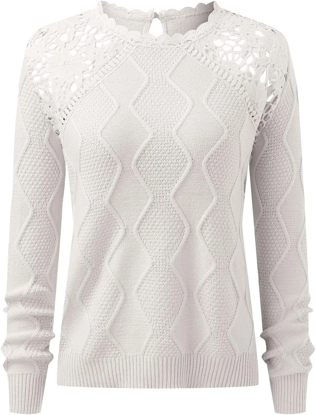 Sweaters for Women Trendy Chunky Lace Knit Solid Color Crew Neck Long Sleeve Casual Loose Fit Soft Pullover Tops