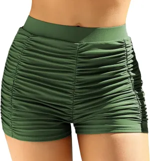 Swim Shorts Women High Waist Bikini Bottoms Swim Beach Shorts Ruched Bottom