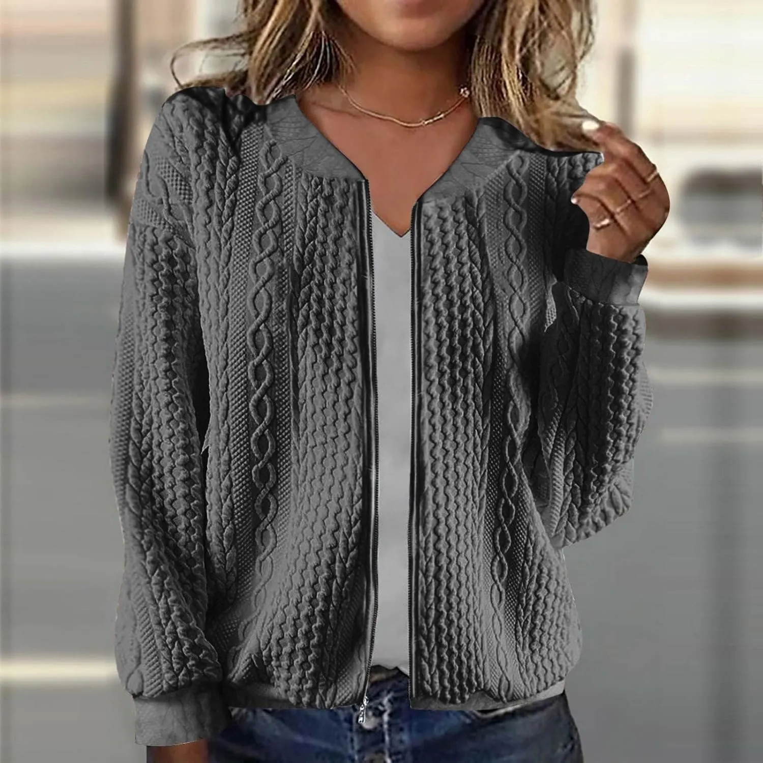 TANGNADE Women's Oversized Zip Up Sweatshirts Sweater Fall Outfits Casual Loose Knit Jackets with Pocket Cardigan Blouse