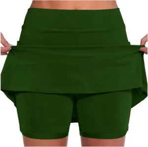 Tennis Skorts for Women with Pockets Summer High Waisted Double Layered Pleats Athletic Skort Skirt with Shorts Underneath Shorts for Women Knee Length,Green,S