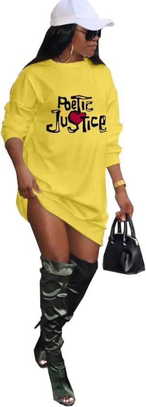 THLAI Women Casual T Shirt Dress Letter Print Solid Long Sleeve Midi Dress Loose Plus Size T-Shirt Dress