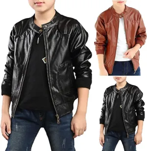 Toddler Leather Jacket Boys Stand Collar Leather Jackets Kids Spring Faux Leather Motorcycle Coats with Pockets