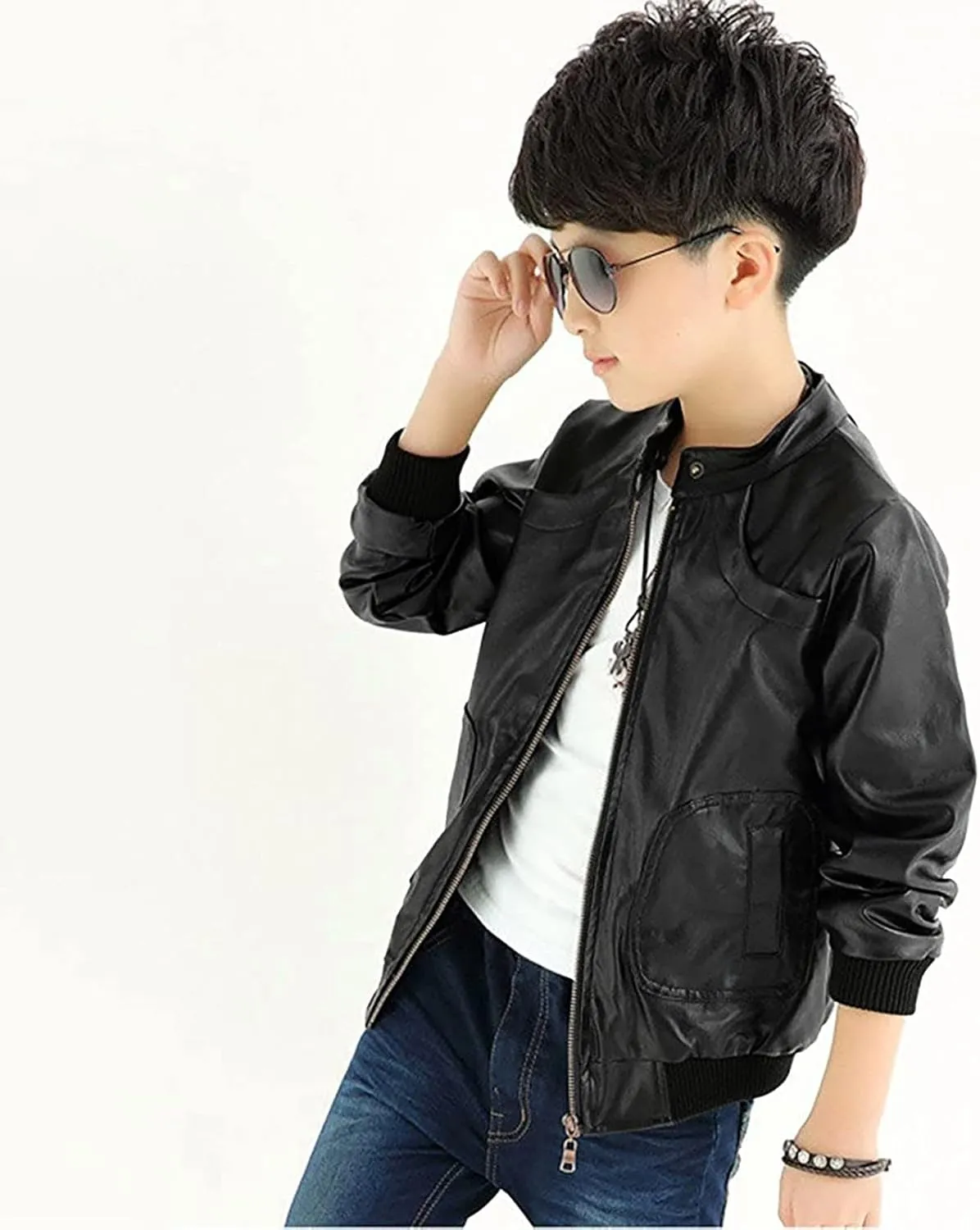 Toddler Leather Jacket Boys Stand Collar Leather Jackets Kids Spring Faux Leather Motorcycle Coats with Pockets