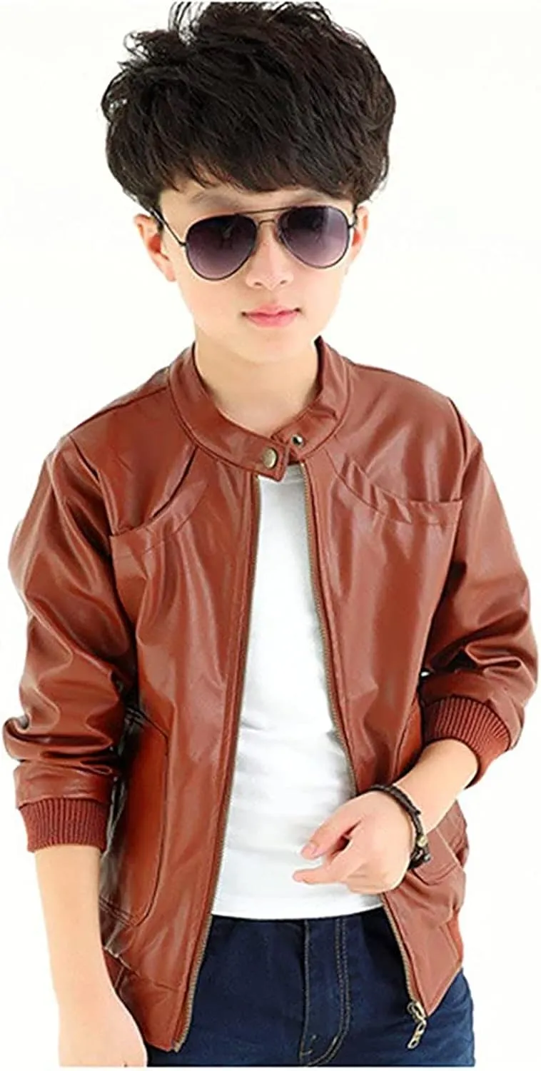 Toddler Leather Jacket Boys Stand Collar Leather Jackets Kids Spring Faux Leather Motorcycle Coats with Pockets