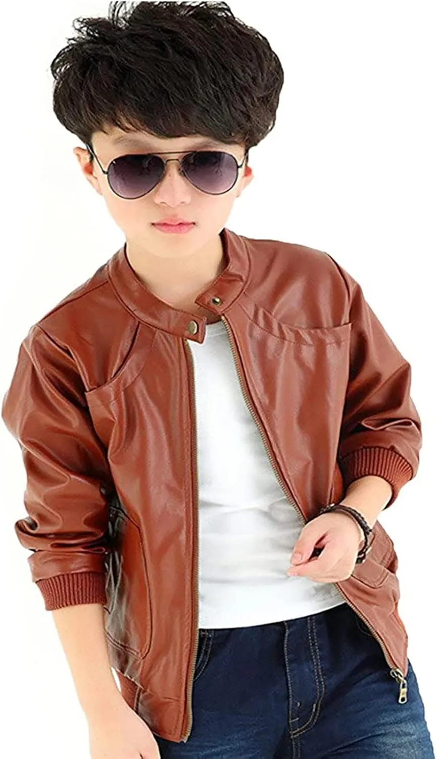 Toddler Leather Jacket Boys Stand Collar Leather Jackets Kids Spring Faux Leather Motorcycle Coats with Pockets