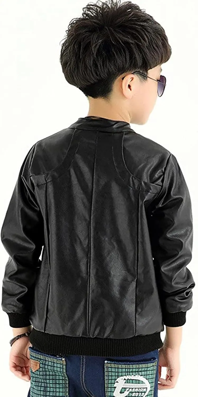 Toddler Leather Jacket Boys Stand Collar Leather Jackets Kids Spring Faux Leather Motorcycle Coats with Pockets