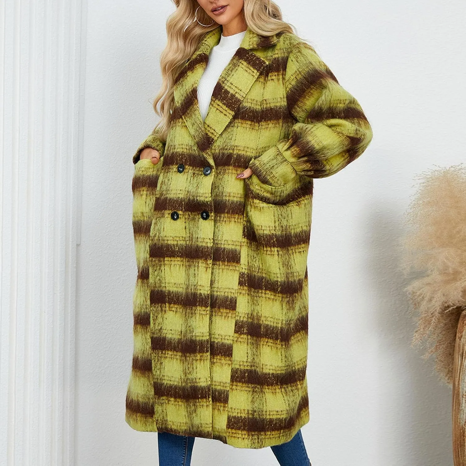 Trench Coat for Women 2024 Double Breasted Plaid Coat Wool Blend Pea Coat Vintage Trench Coat Fall Winter Outfits
