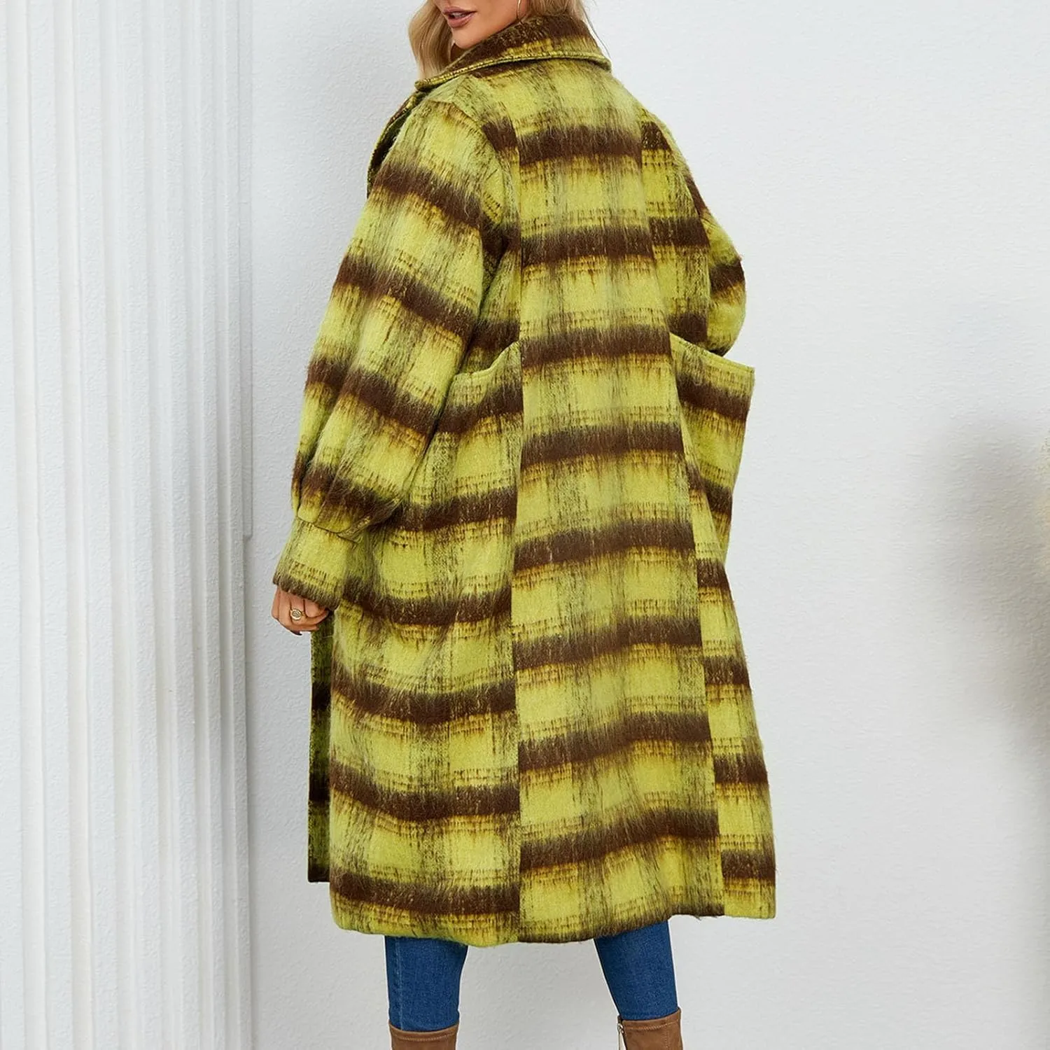 Trench Coat for Women 2024 Double Breasted Plaid Coat Wool Blend Pea Coat Vintage Trench Coat Fall Winter Outfits