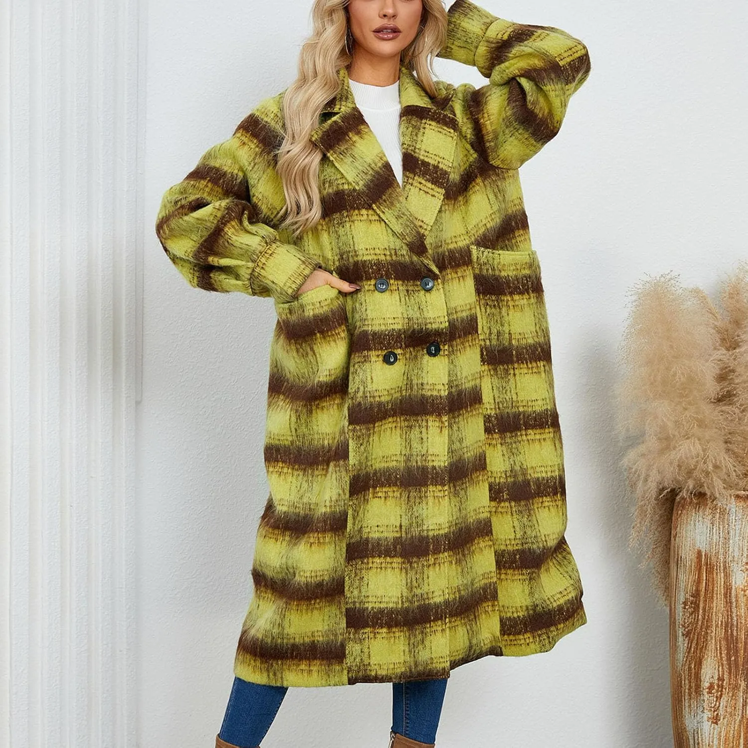 Trench Coat for Women 2024 Double Breasted Plaid Coat Wool Blend Pea Coat Vintage Trench Coat Fall Winter Outfits