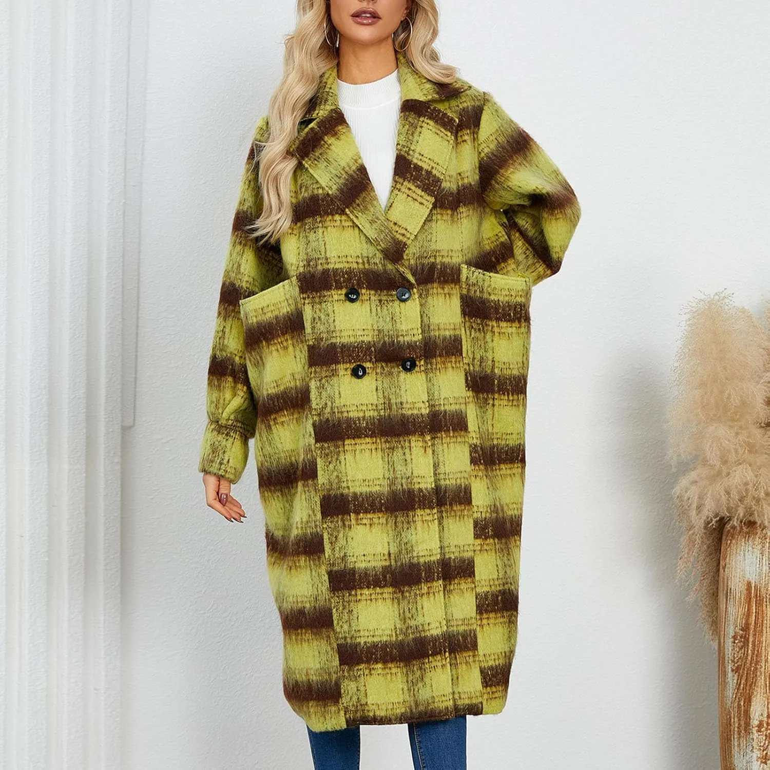 Trench Coat for Women 2024 Double Breasted Plaid Coat Wool Blend Pea Coat Vintage Trench Coat Fall Winter Outfits
