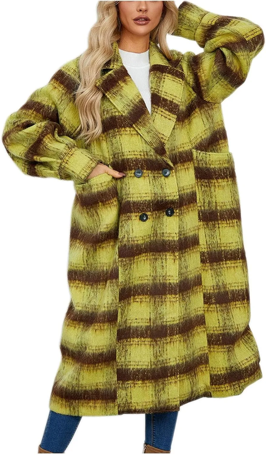 Trench Coat for Women 2024 Double Breasted Plaid Coat Wool Blend Pea Coat Vintage Trench Coat Fall Winter Outfits