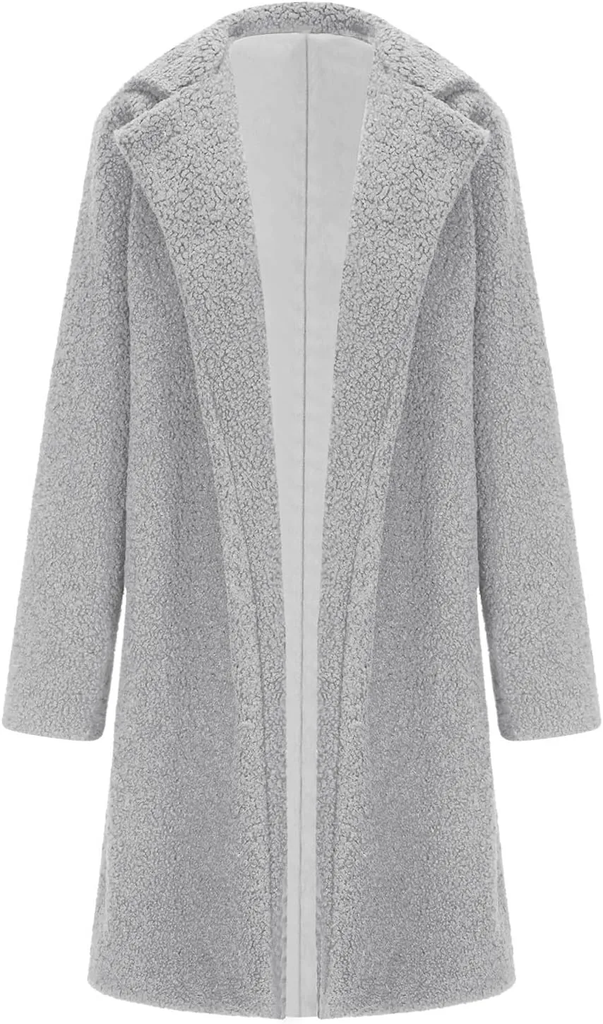 Trench Coat for Women 2024 Fuzzy Fleece Long Coat Notch Lapel Pea Coat Open Front Cardigan Fall Winter Outfitsa