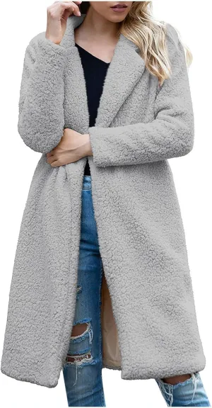 Trench Coat for Women 2024 Fuzzy Fleece Long Coat Notch Lapel Pea Coat Open Front Cardigan Fall Winter Outfitsa