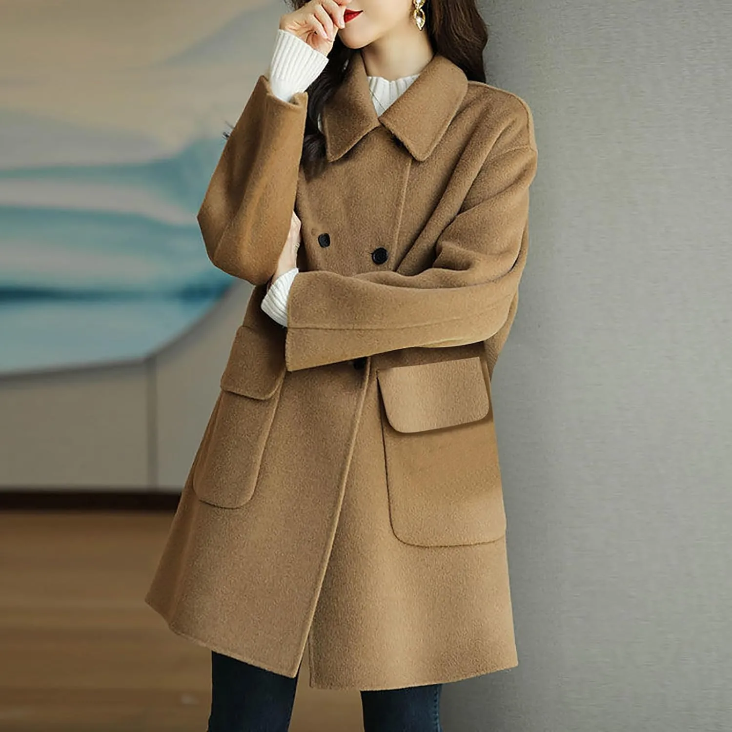 Trench Coat for Women 2024 Single Breasted Wool Coat Notch Lapel Pea Coat Plus Size Dressy Coat Casual Winter Outfits