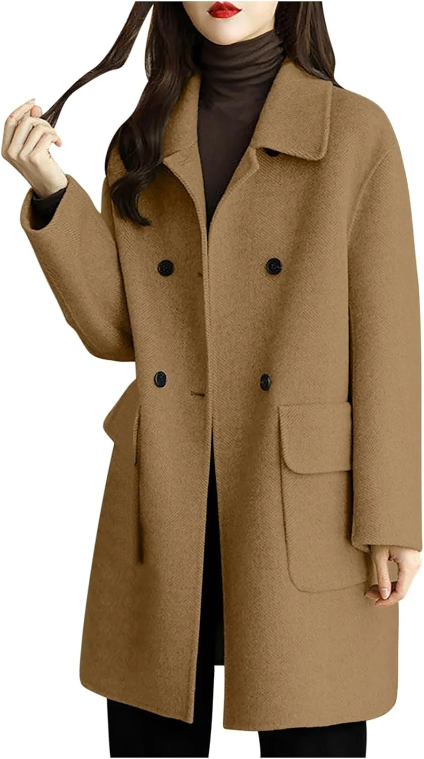 Trench Coat for Women 2024 Single Breasted Wool Coat Notch Lapel Pea Coat Plus Size Dressy Coat Casual Winter Outfits