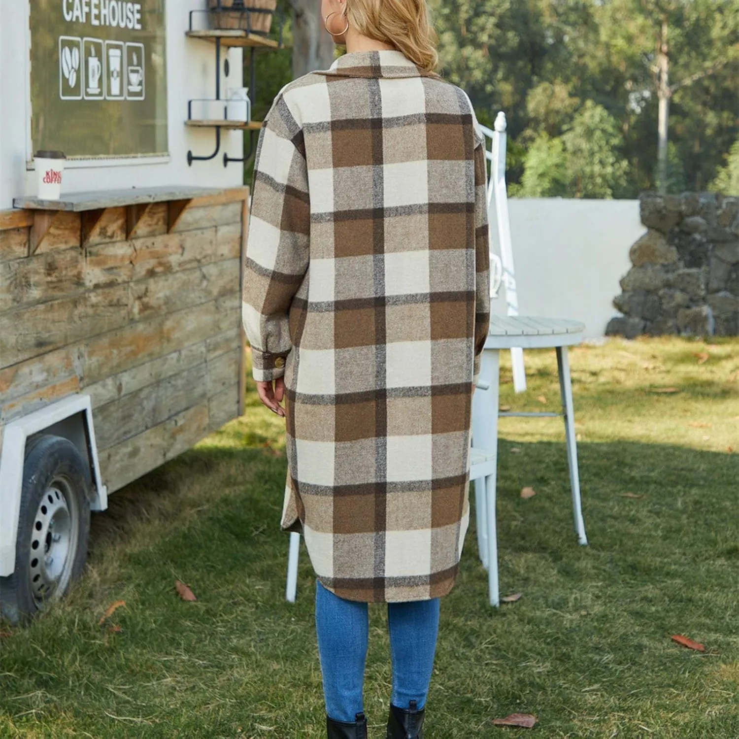 Trench Coat Women Plaid Wool Blend Coat Single Breasted Long Coat Plus Size Pea Coat Trendy Winter Coats with Pockets
