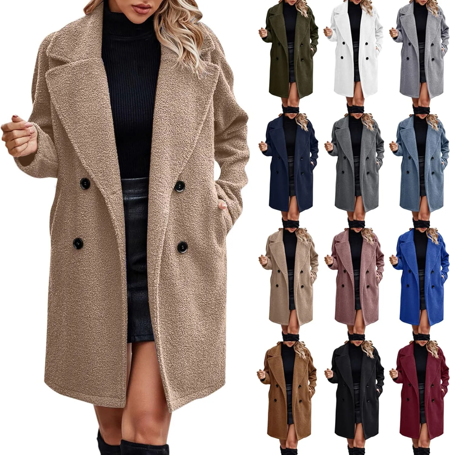 Trench Coats for Women Double-Breasted Fuzzy Faux Fur Long Overcoat Casual Sherpa Mid Length Coat with Pockets