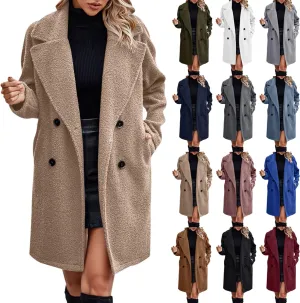 Trench Coats for Women Double-Breasted Fuzzy Faux Fur Long Overcoat Casual Sherpa Mid Length Coat with Pockets