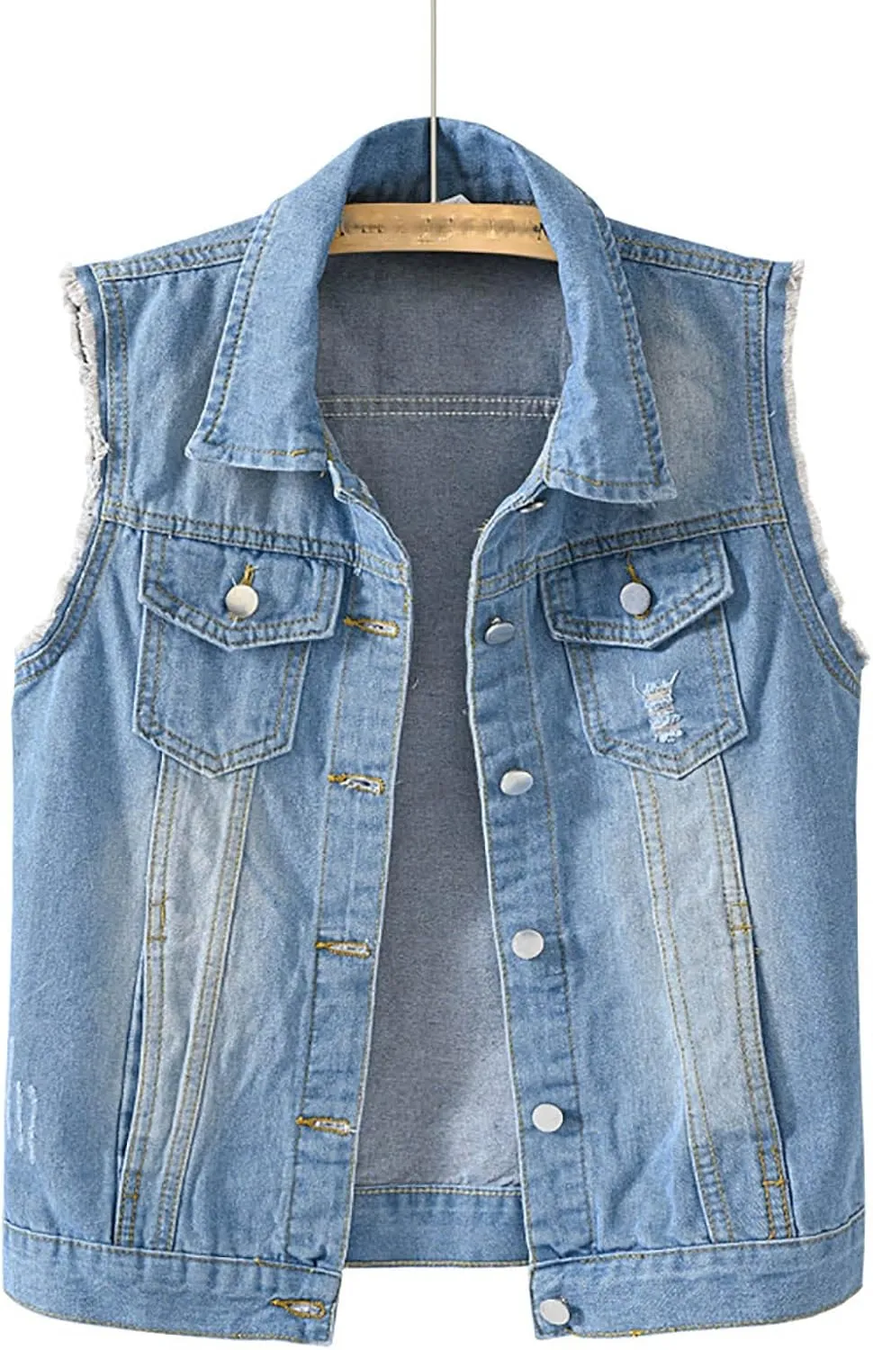 tuduoms Women's Fashion Sleeveless Denim Jacket Casual Lightweight Cropped Jean Jackets Vest Ripped Frayed Denim Waistcoat