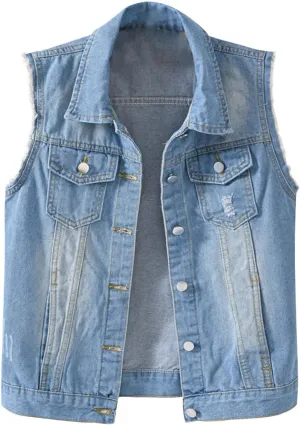 tuduoms Women's Fashion Sleeveless Denim Jacket Casual Lightweight Cropped Jean Jackets Vest Ripped Frayed Denim Waistcoat