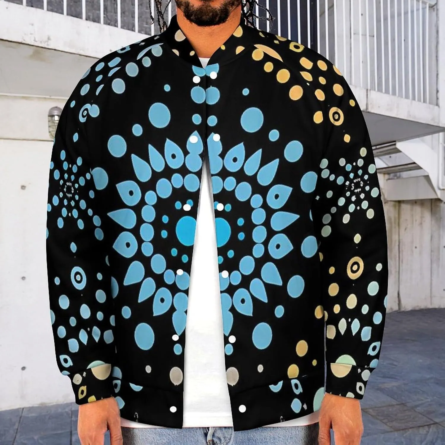 Turquoise Dot Pattern Lightweight Men's Baseball Jackets Relaxed Fit Varsity Bomber Jacket Windbreaker Coat