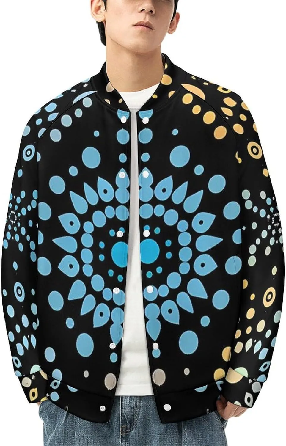 Turquoise Dot Pattern Lightweight Men's Baseball Jackets Relaxed Fit Varsity Bomber Jacket Windbreaker Coat