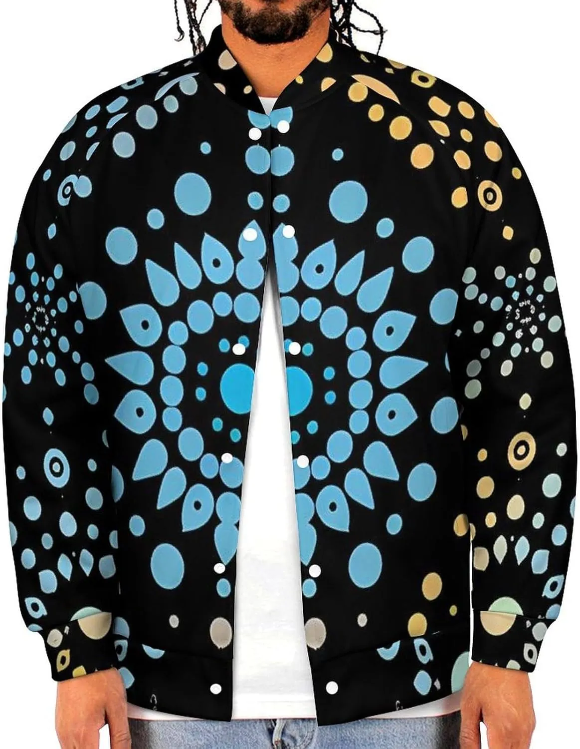 Turquoise Dot Pattern Lightweight Men's Baseball Jackets Relaxed Fit Varsity Bomber Jacket Windbreaker Coat