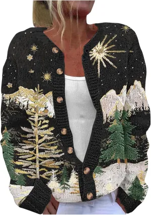 Ugly Christmas Sweater for Women Cute Xmas Open Front Button Down Sweater Cardigans Fall Winter Knitted Outerwear Coat