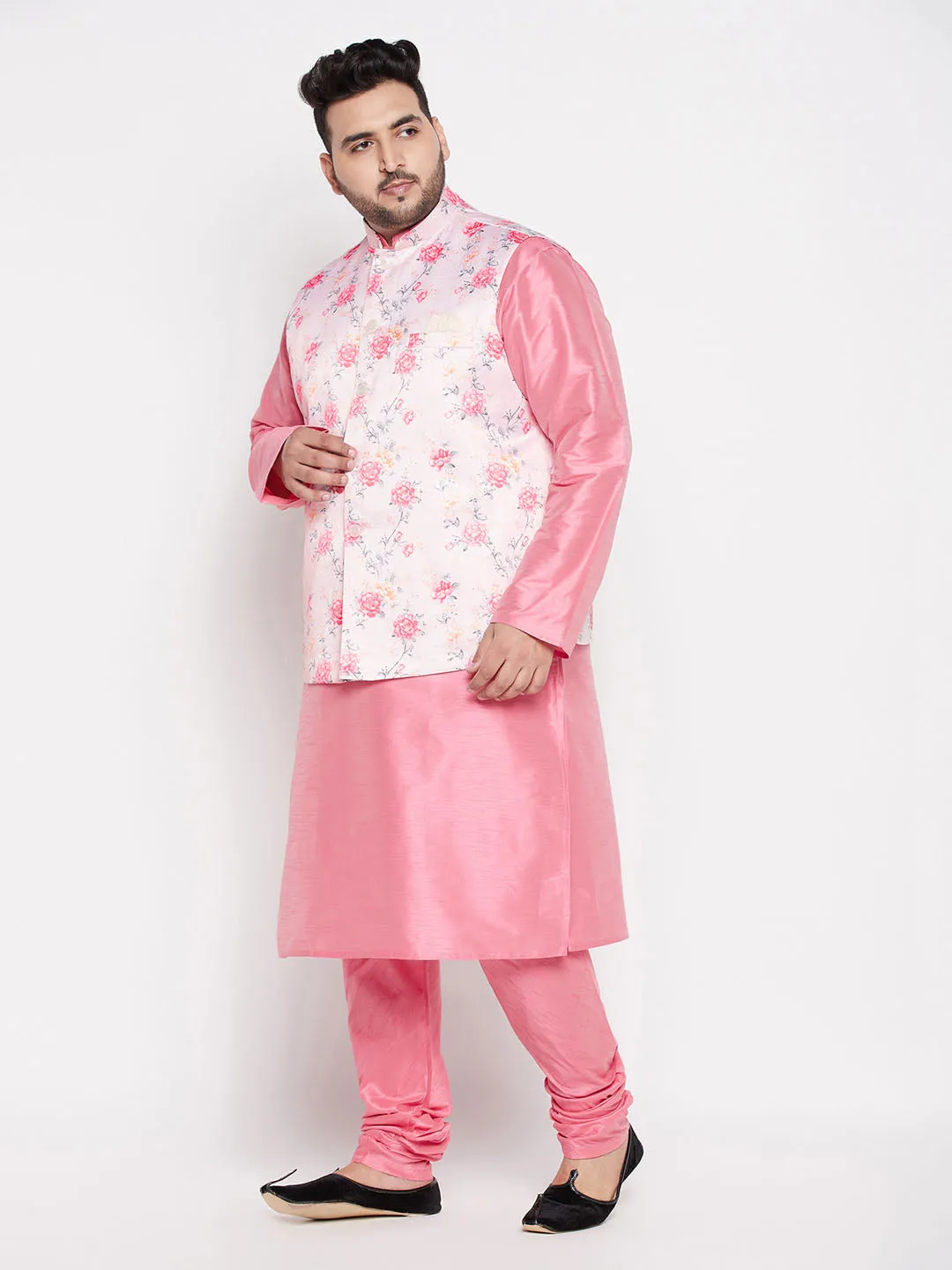 VASTRAMAY Men's Peach Floral Kurta Set