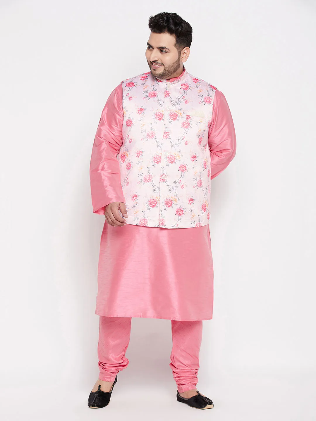 VASTRAMAY Men's Peach Floral Kurta Set