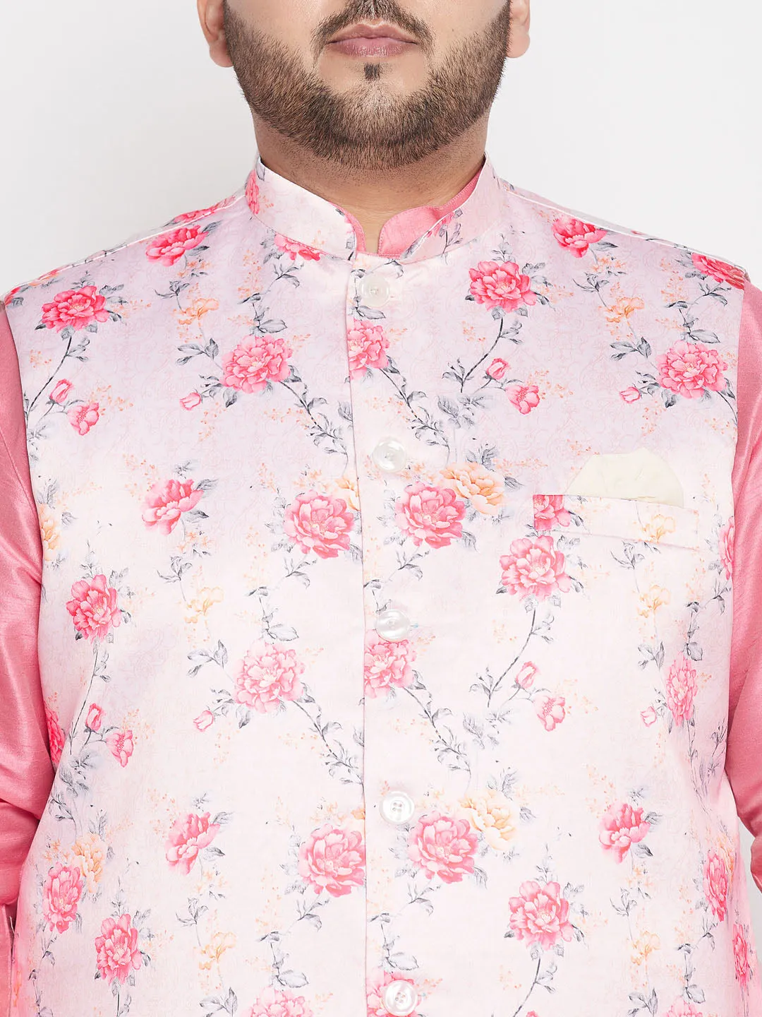 VASTRAMAY Men's Peach Floral Kurta Set