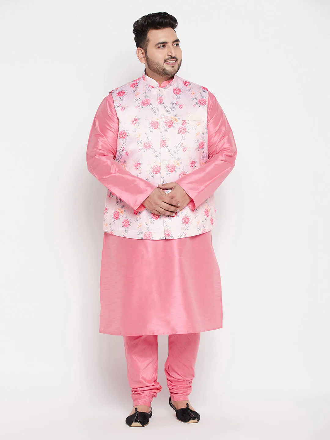 VASTRAMAY Men's Peach Floral Kurta Set