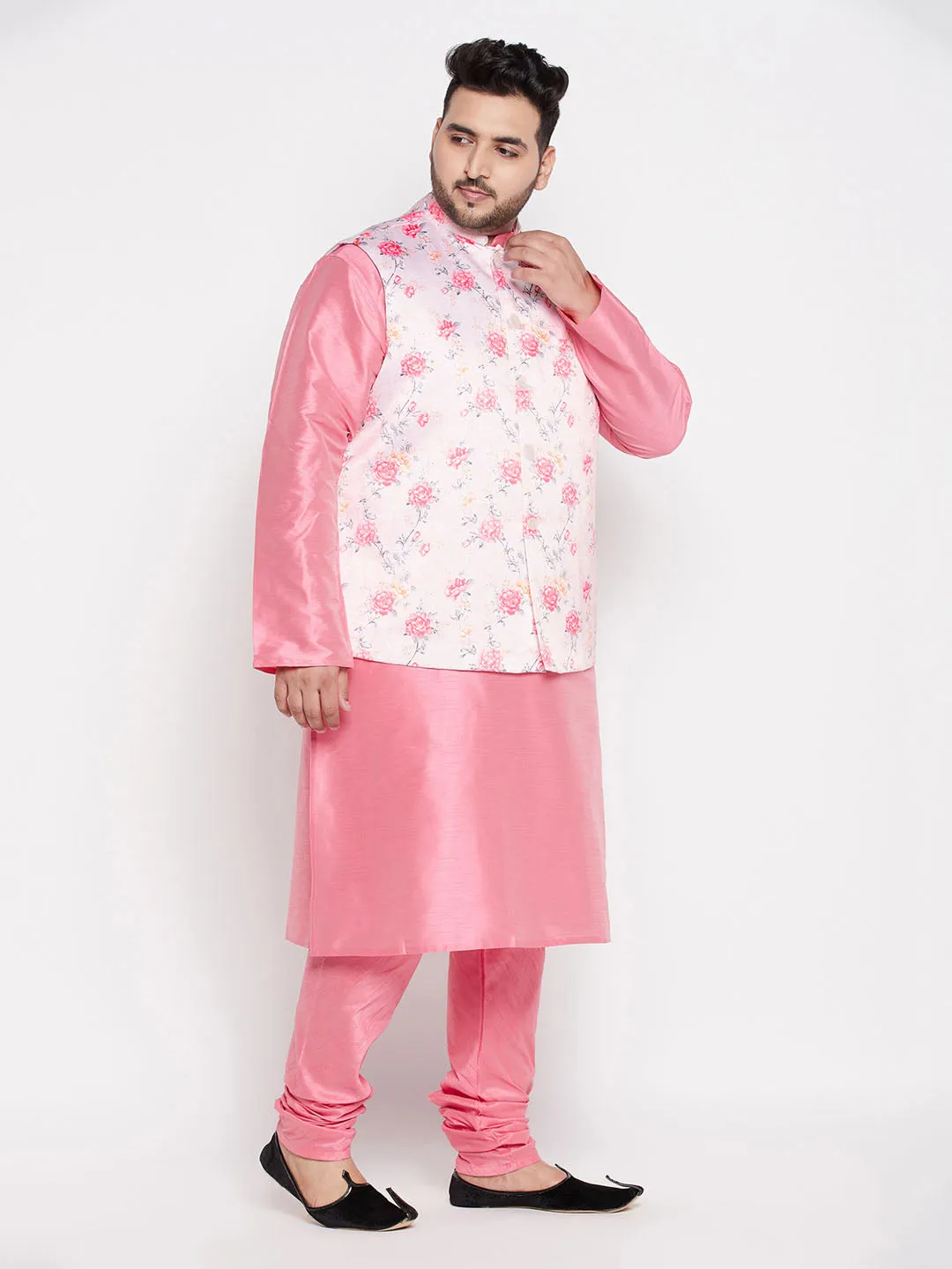 VASTRAMAY Men's Peach Floral Kurta Set