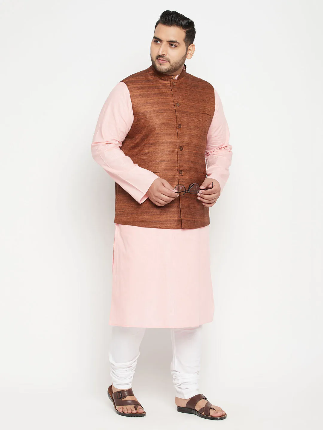 VASTRAMAY Men's Pink and Brown Jacket Kurta