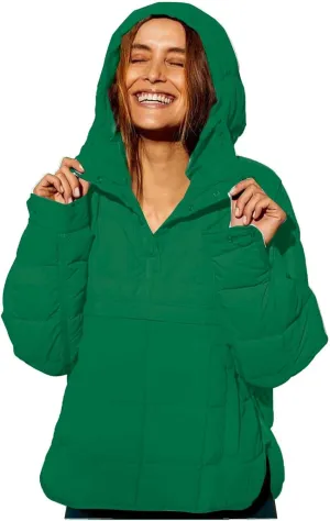 VESNIBA Women's Quilted Pullover Puffer Jacket Oversized Long Sleeve Hooded Coats Winter Warm Lightweight (GN1-c, XXL)