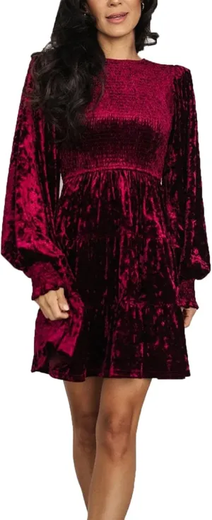 VIVICOLOR Women's Crushed Velvet Babydoll Mini Dress Smocked Velour Dress Tiered Ruffle A-Line Flowy Mini Dress