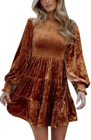VIVICOLOR Women's Crushed Velvet Babydoll Mini Dress Smocked Velour Dress Tiered Ruffle A-Line Flowy Mini Dress