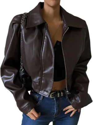 VOIKERDR Leather Jacket Women Cropped Leather Jacket Women Lapel Brown Leather Jacket Women Going Out