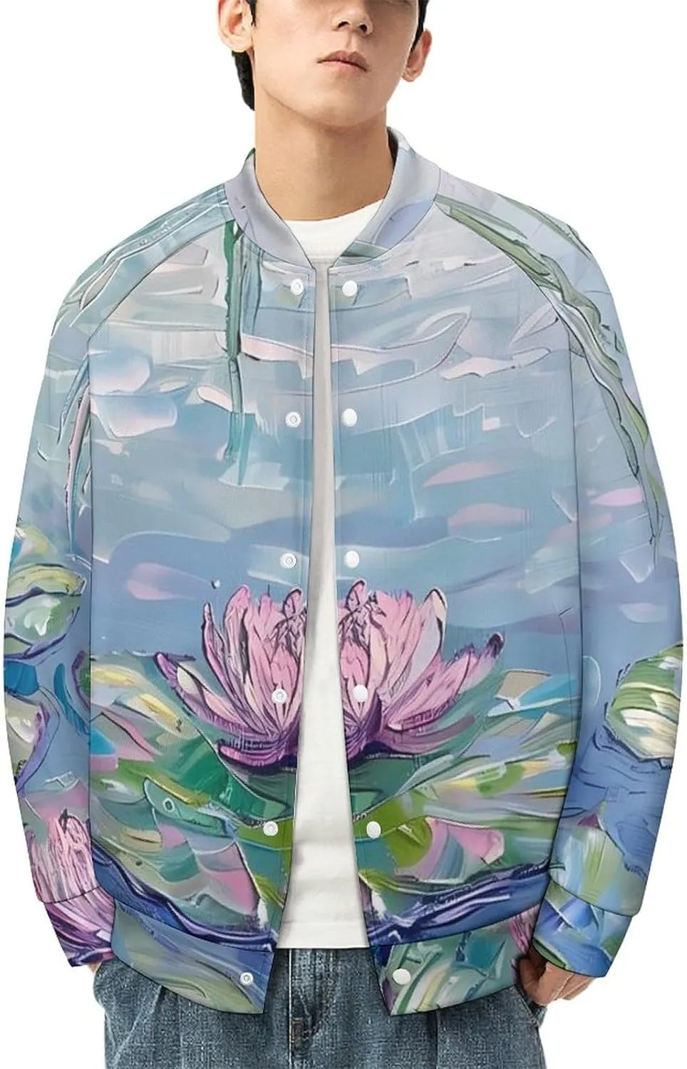 Water Lilies Lotues Weeping Willow Lightweight Men's Baseball Jackets Relaxed Fit Varsity Bomber Jacket Windbreaker Coat