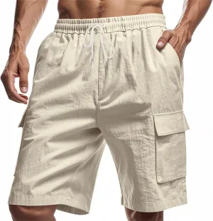 WENKOMG1 Linen Shorts for Men, Solid Color Lightweight Shorts Elastic Waist Drawstring Cargo Shorts with Multi Pockets
