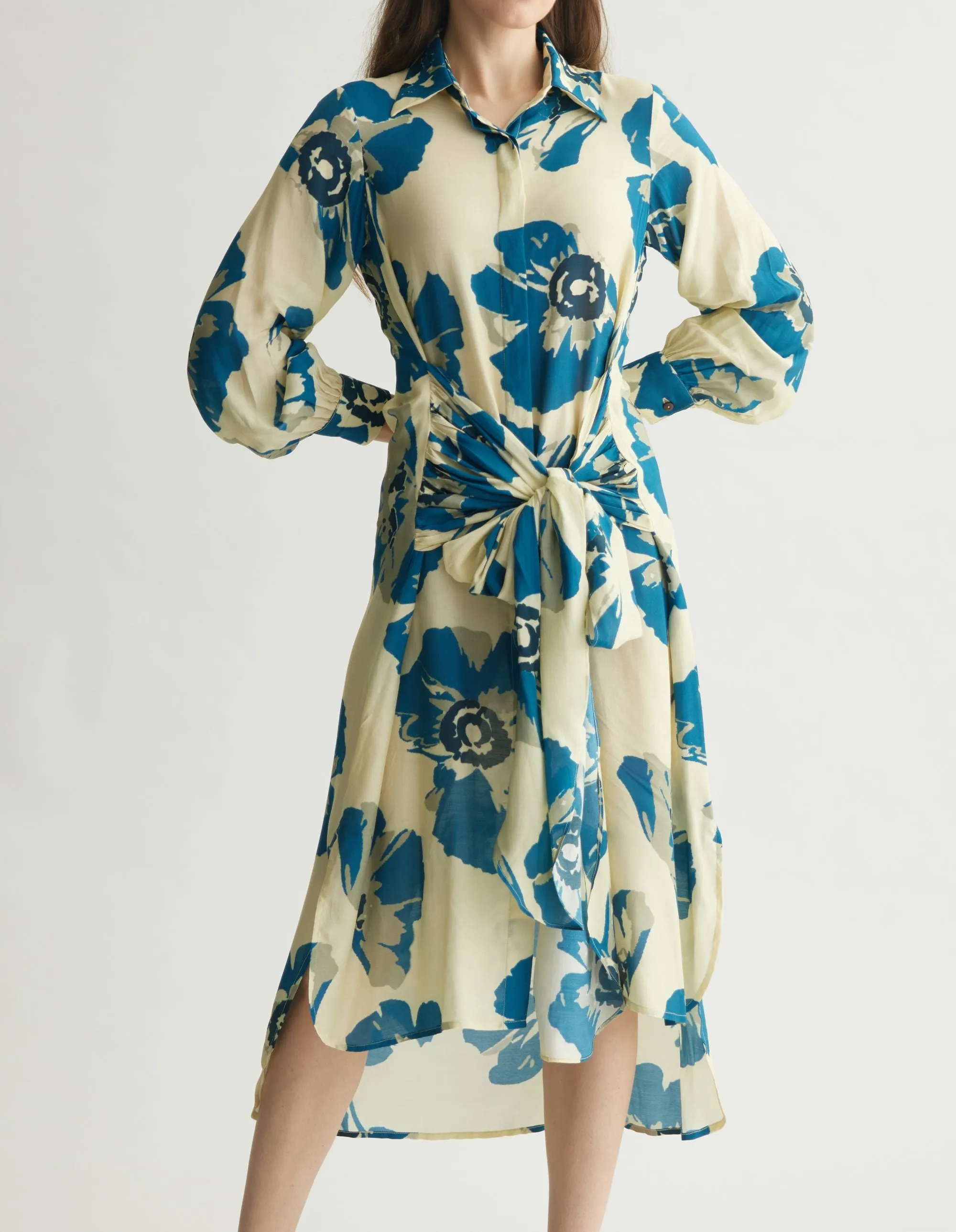 WHITE & BLUE FLORAL WRAP SHIRT DRESS