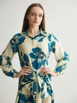 WHITE & BLUE FLORAL WRAP SHIRT DRESS